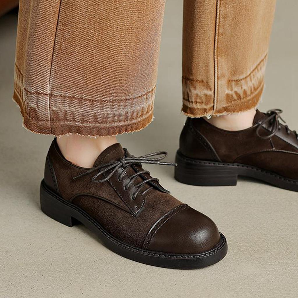 Krazing Pot Cow Skin Nubuck Spring Summer Size 40 Loafers Thick Med Heels Lace Up Women Round Toe Leisure Pumps