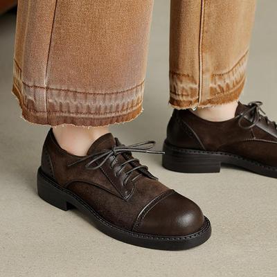 Лоферы из коровьей кожи, нубук, весна-лето, размер 40, толстые каблуки средней толщины, женские туфли-лодочки с круглым носком для отдыха