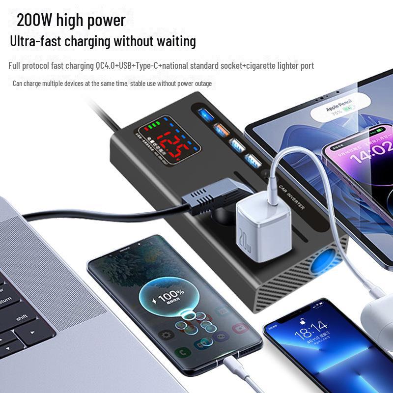Car and Truck Inverter: 12V/24V To 220V Converter with USB and Fast Charging Ports.