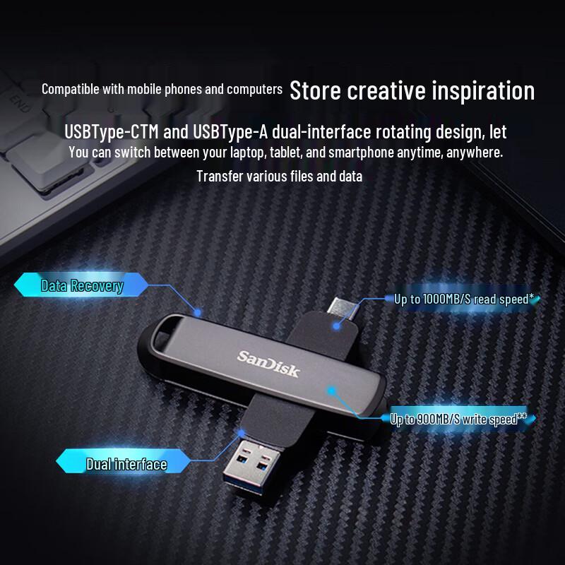 SanDisk DDE1 2 ТБ Двух-интерфейсный USB 3.2 Type-C SSD Флеш-накопитель
