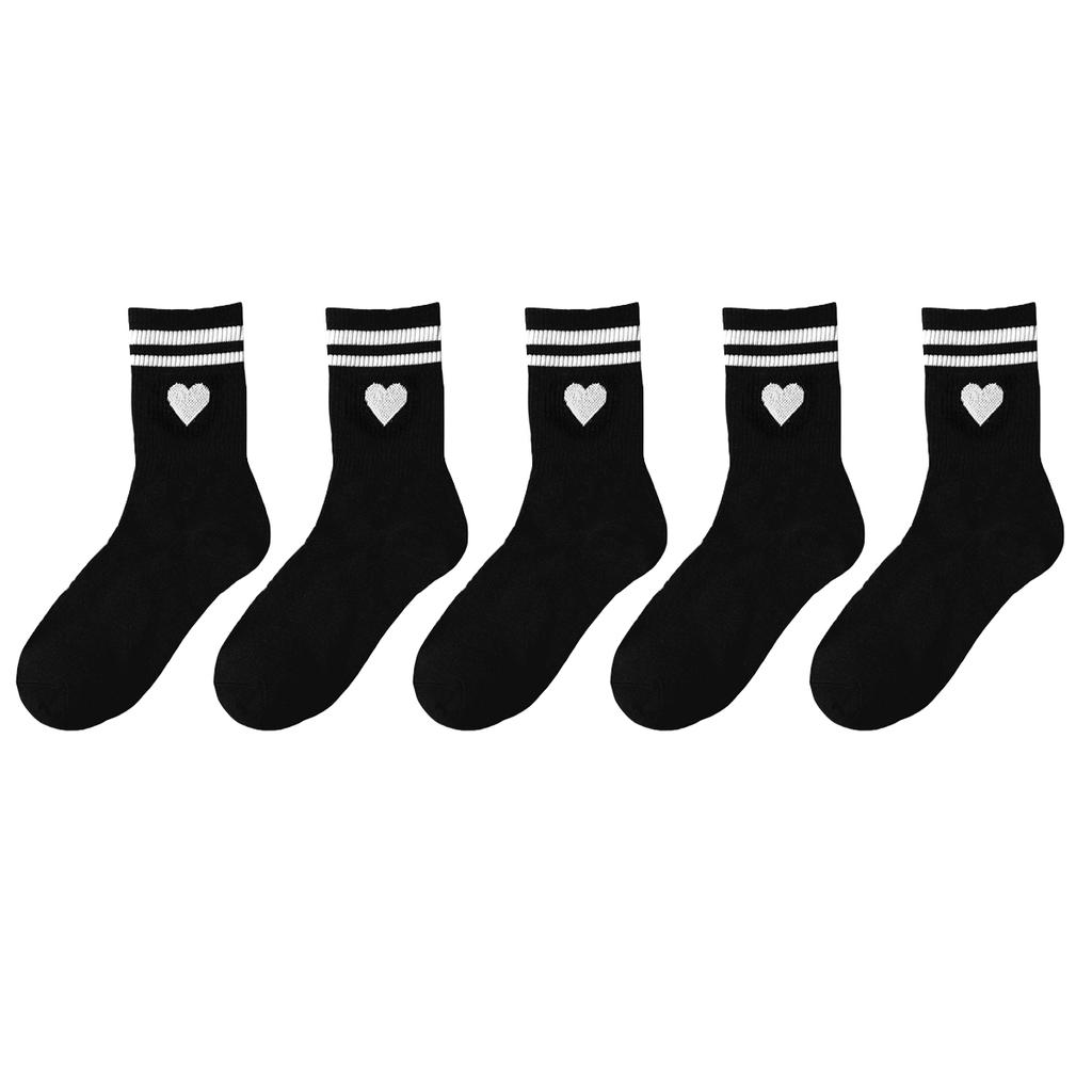 3/5/10/20 Pairs Women's Crew Socks Black Socks, Heart and Stripes, Comfortable, Breathable, Moisture-Wicking