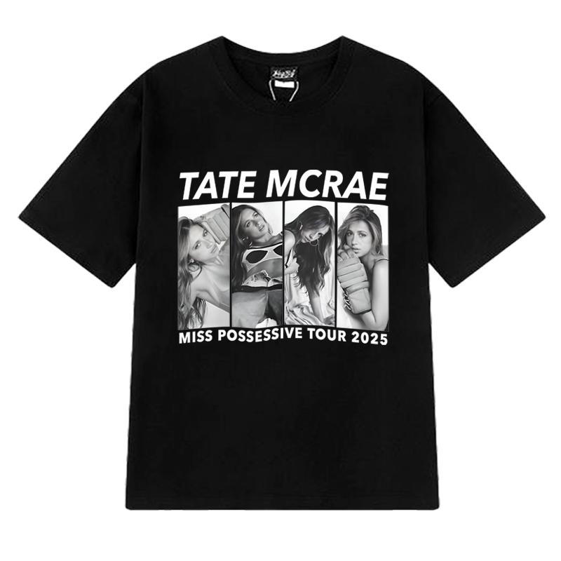 Новые футболки с принтом Tate Mcrae World Tour 2025 Унисекс Женские винтажные Укороченные футболки с коротким рукавом Унисекс черные 100% хлопок Топы