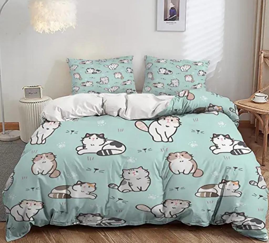 Мультяшный набор пододеяльников с кошкой, размер Queen King, милый принт с животными, постельное белье, подходит для декора комнаты мальчиков и девочек, подарок, набор из 3 предметов