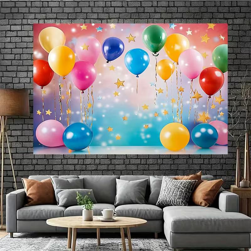 2D Rainbow Balloon Birthday Backdrop, 83x59in Kids Party Background Banner