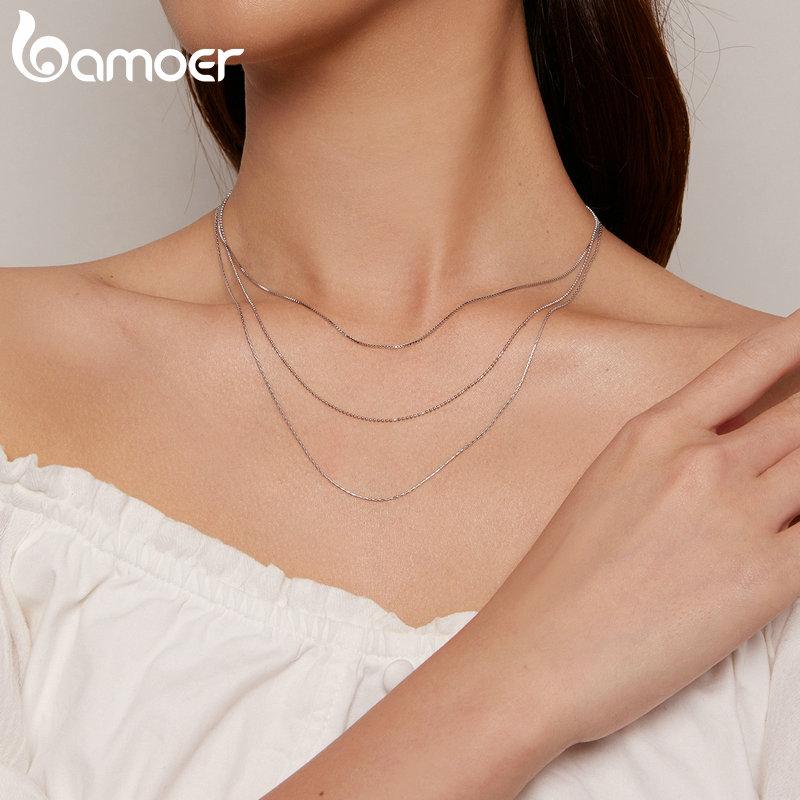 BAMOER из стерлингового серебра 925 пробы, шикарная трехслойная коробка для ожерелья, цепочка на шею с бусинами для женщин, с платиновым покрытием, оригинальный дизайн, изящные ювелирные изделия