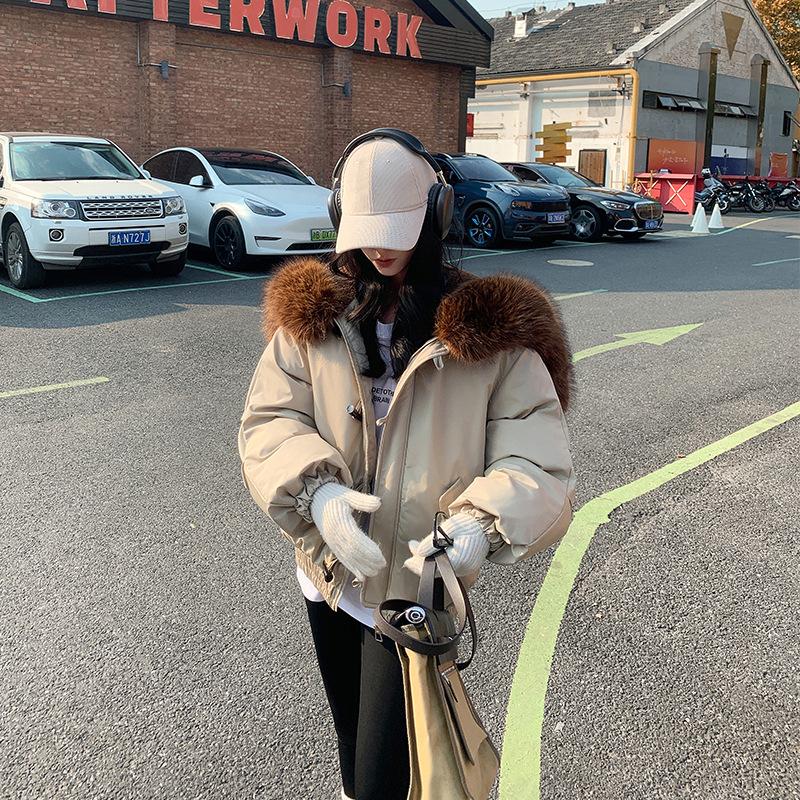 Hong Kong and Macao wind down cotton clothes women's big fur collar new cotton clothes horn buckle pie to overcome winter cold jacket women