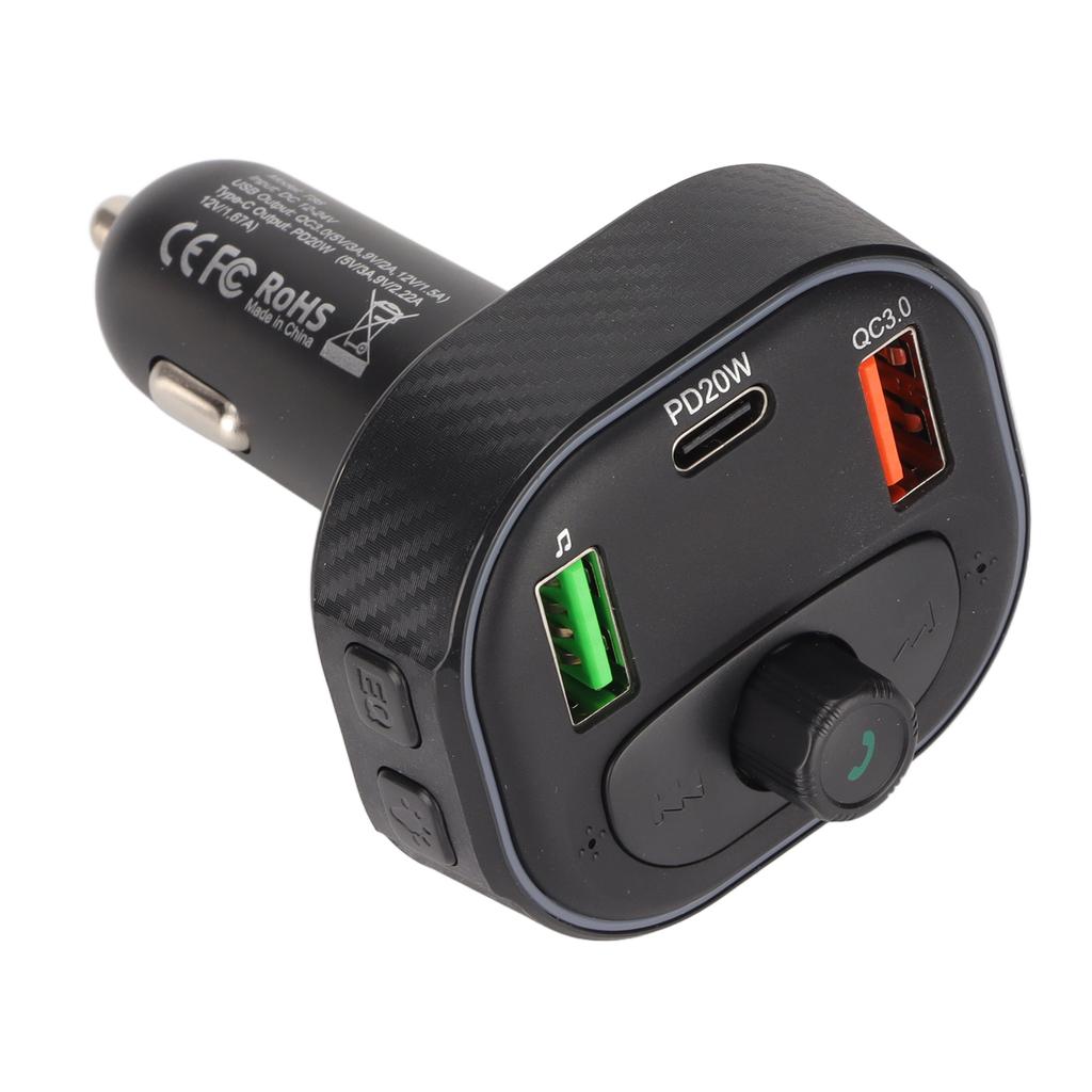 Carbon Multifunction Car Wireless 5.1 FM Transmitter Fast Charging Hands Calls with LED Light