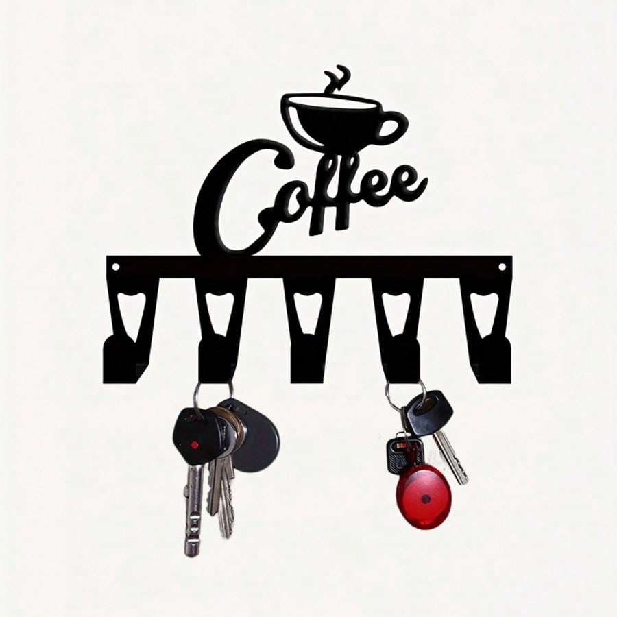 Modern Coffee Cup Key Holder Heavy Wrought Iron 5 Hooks Space Saver Gift