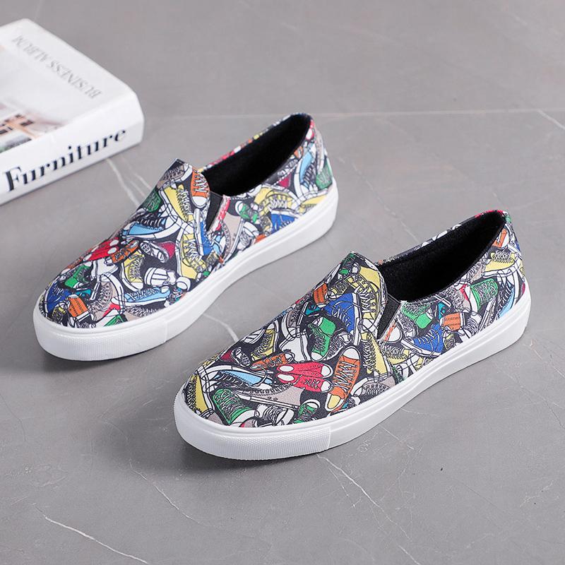 2024 Женская обувь из вулканизированной кожи Модная обувь из холста с граффити Женские модные кроссовки Плоская обувь Обувь для уличных танцев Женские туфли без застежек