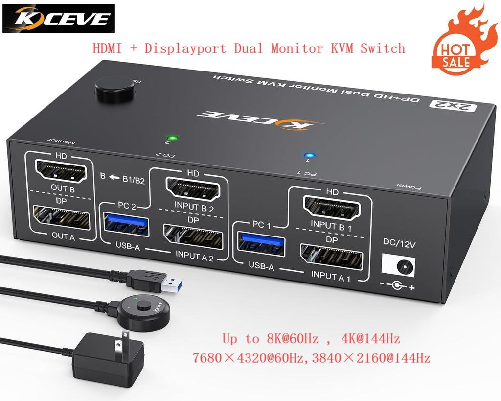 Custom 4K 144Hz KVM Switch 2 Monitors 2 Computers 8K 60Hz KCEVE HDMI DisplayPort Dual Monitor KVM with 4 USB 3.0 Ports Gift