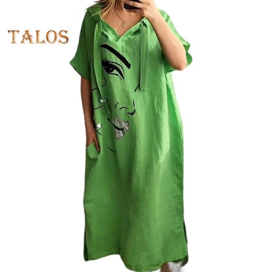 Женское платье с принтом лица, свободное платье с капюшоном и шнурком в богемном стиле с короткими рукавами, городской стиль, пуловер с разрезом по краю и боковым карманом, платье миди длиной до середины икры