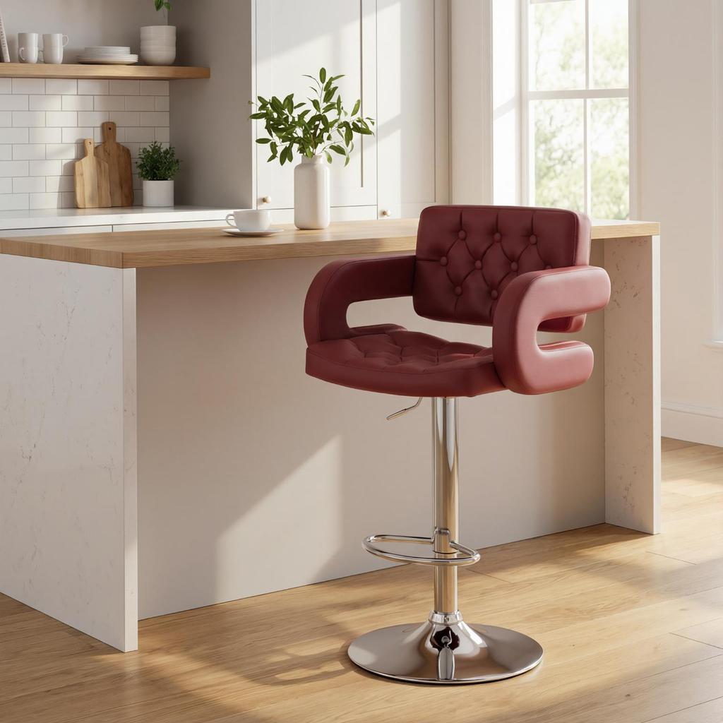 Bar Stool with Backrest and Armrests, Adjustable Height and Footrest, Faux Leather Red