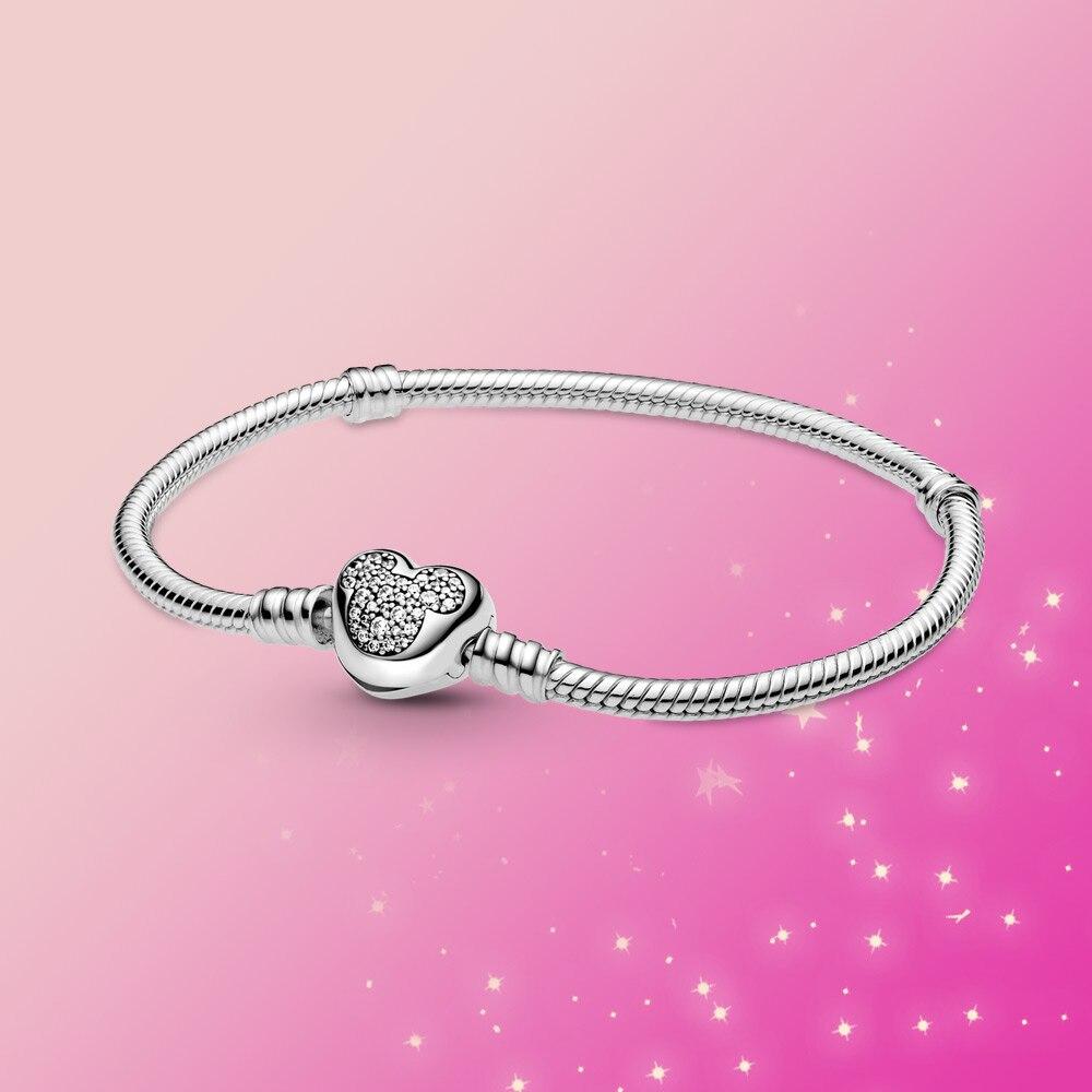 925 Sterling Silver Bracelet Moments Sparkling Moments Mouse Heart Clasp Snake Chain Bracelet Women for Jewelry GIFT