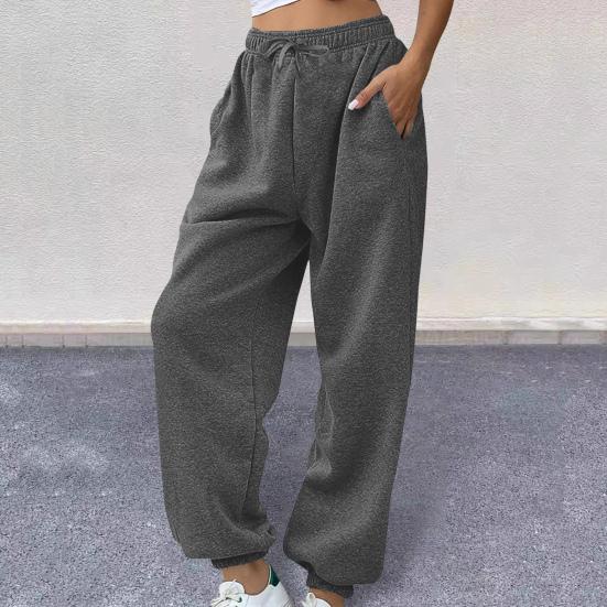Women Sweatpants Elastic High Waist Adjustable Drawstring Harem Pants with Pockets Solid Color Loose Lounge