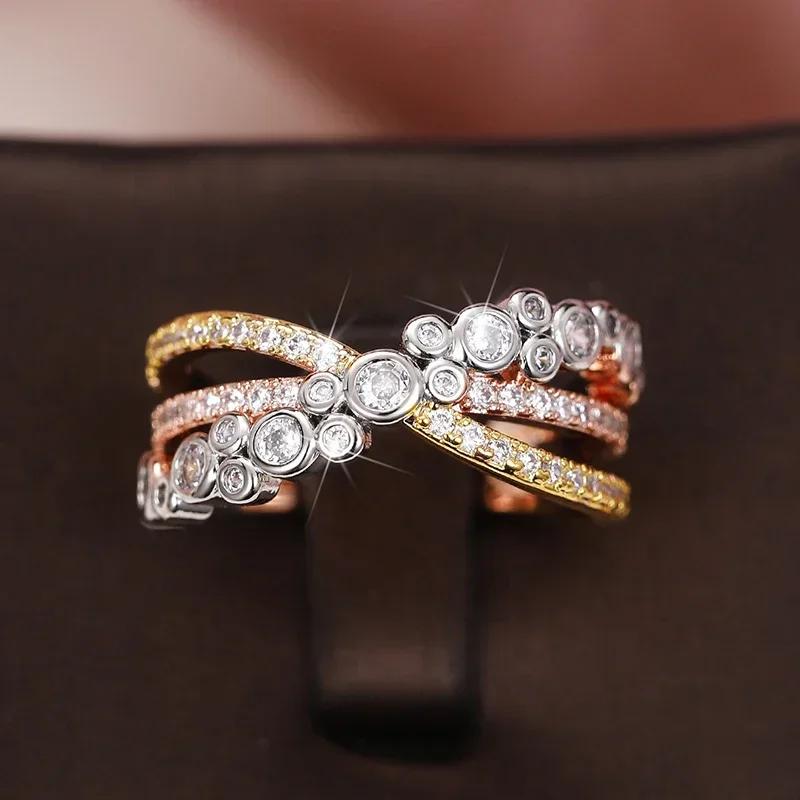 Роскошное трехцветное женское обручальное кольцо Bling с белыми цирконами, инкрустированное, с оригинальным дизайном в виде креста, специальное кольцо для пальца