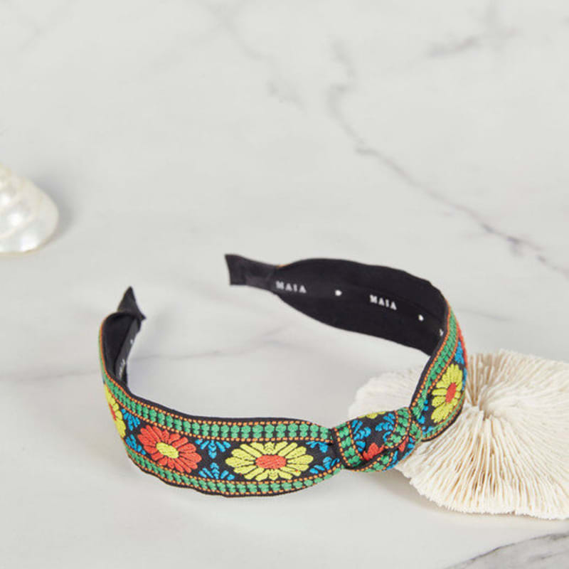 MAIA Зеленая Цветочная Жаккардовая Повязка для Волос - Узловатая Оранжево-Зеленая