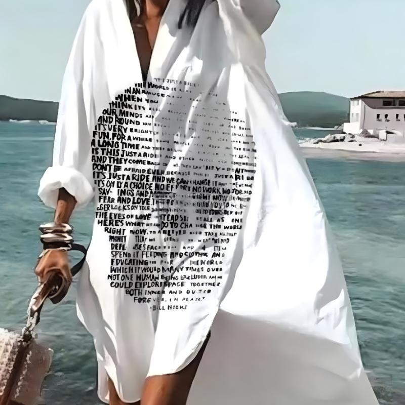 Весенне-летняя мода женское свободное повседневное платье-рубашка с длинным рукавом элегантное женское повседневное белое однобортное платье с принтом и лацканами