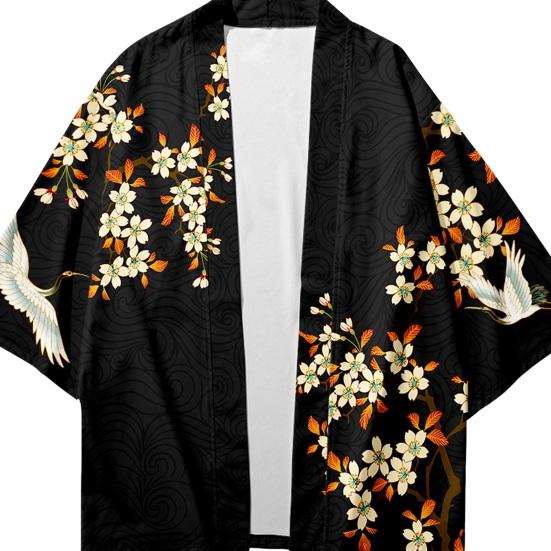 Мужская рубашка в японском стиле, традиционное кимоно с рукавом до четверти и принтом, кардиган с птицей, три свободных тонких средней длины, повседневное верхнее пальто