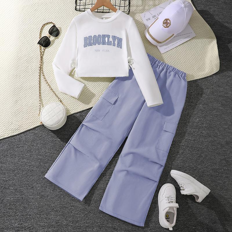 Girls Autumn Suit 2025 Children Clothing Letter Long Sleeved Sweatshirt + Wide-Leg Overalls Fashion 2 Piece Set