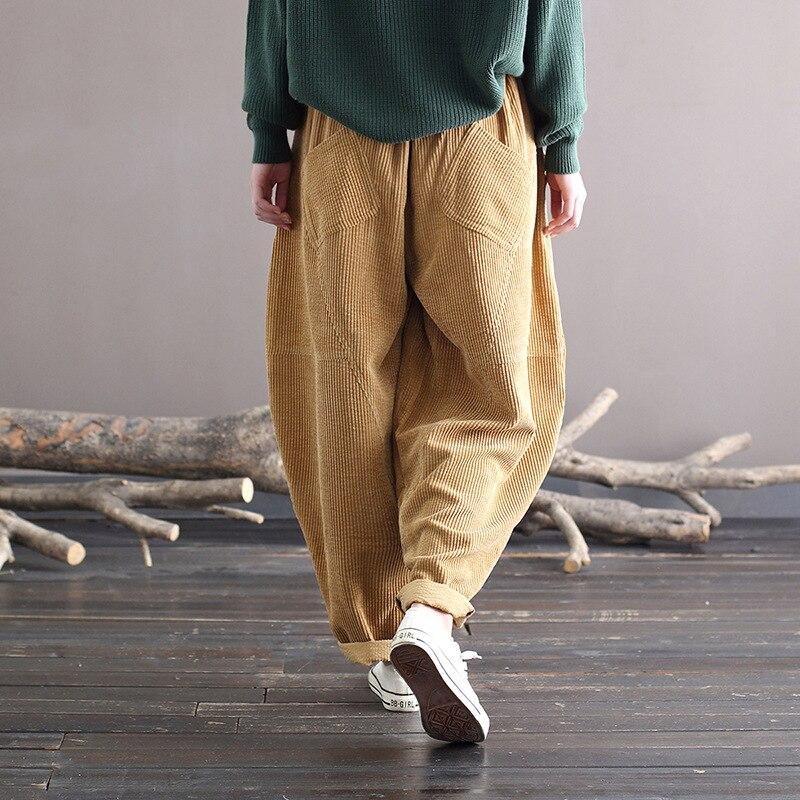 Johnature Women Vintage Corduroy Casual Pants Washed Distressed Loose Autumn Winter Solid Color Elastic Waist Trousers