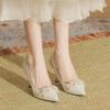 New Pointed 5-8cm High Heels Fattened and Widened Pearl Thin Heel Single Shoes Princess Shoes Wedding Shoes