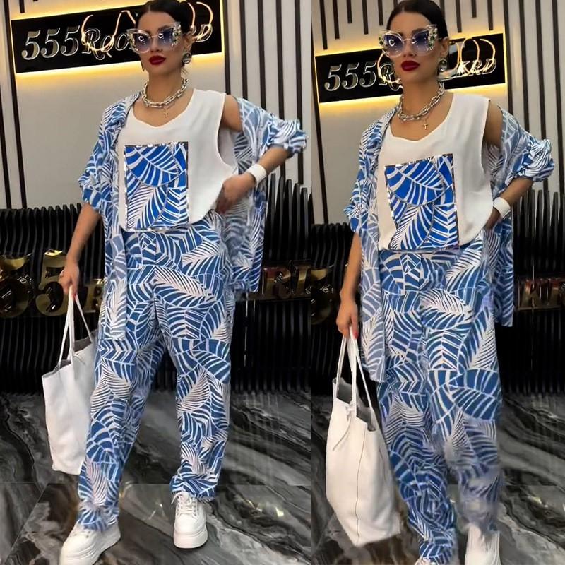 Womens 3-Piece Set Floral Print Sleeveless Top Wide Leg Pants Casual Streetwear 2025