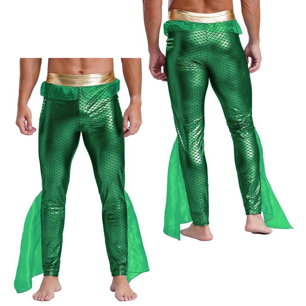 Mens Mermaid Pants King of the Seas Costume Elastic Waist Metallic Shiny Fishscale Print Tights Leggings for Halloween Cosplay