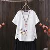 Nordic Flower Print V-neck Cotton Hemp T-shirt for Women - 2025 Summer Casual Wear