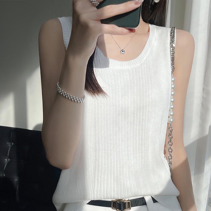 Женская летняя безрукавка из шелкового трикотажа Ice Silk Kint Camisole - Полосатый жилет с круглым вырезом