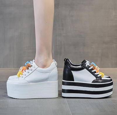 Мода 12СМ Натуральная Кожа Женщины Осень Весна НОВЫЕ Модные Скрытые Каблуки Женские Цветные Туфли на Платформе Танкетке Массивные Кроссовки на Толстой Подошве