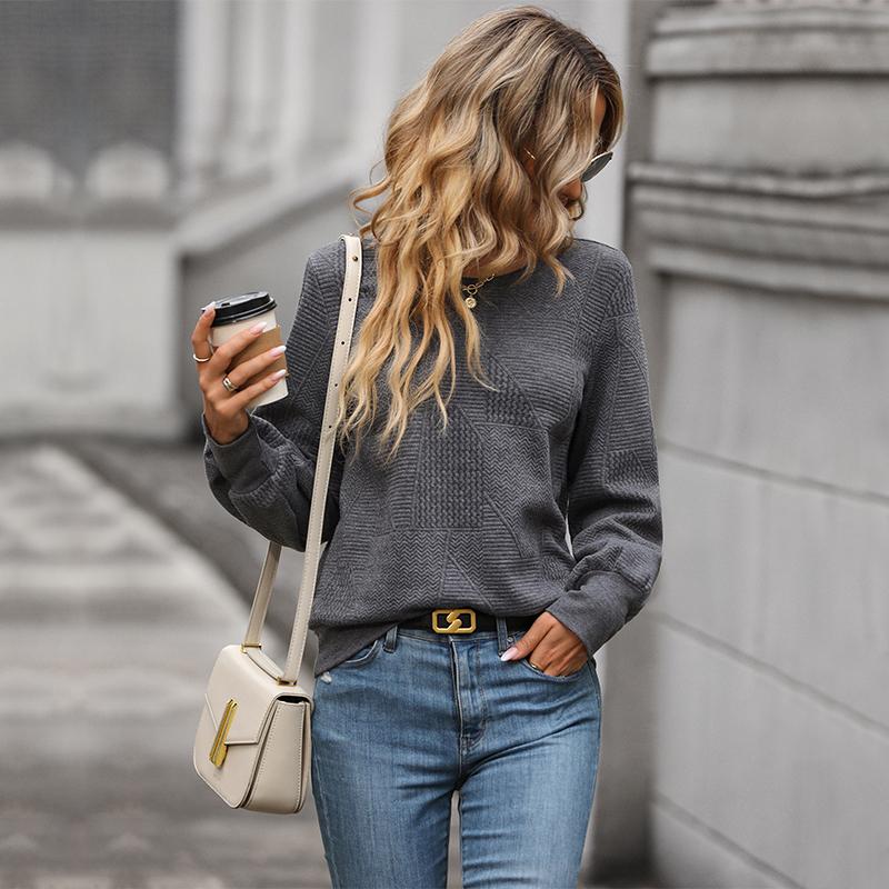 YYFS Женские модные повседневные однотонные свитера с круглым вырезом и осенне-зимним принтом с длинными рукавами