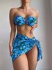 2024 Women 3 Pieces Suit Swimwear U-Shape Metal Floral Print Swimsuit Sexy Off Shoulder Bikini Set+Skirt Beachwear Bathing Suits