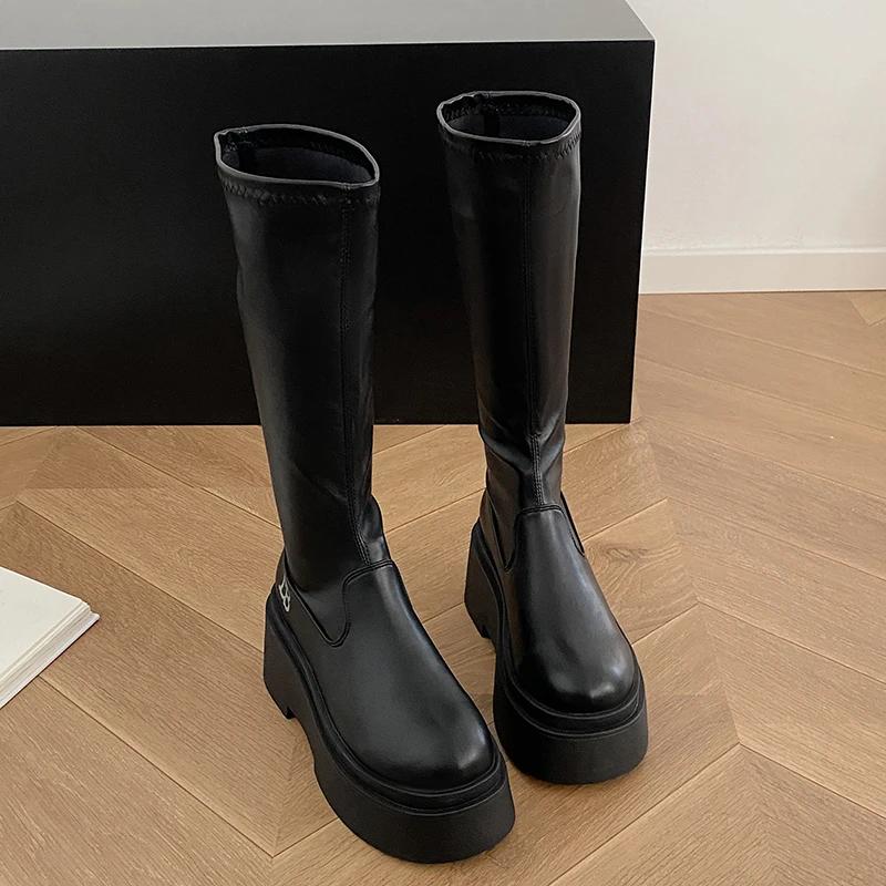 Платформа Толстый каблук Женские сапоги до колена Модные слипоны для похудения Длинные сапоги Осень Зима Женские увеличивающие сапоги