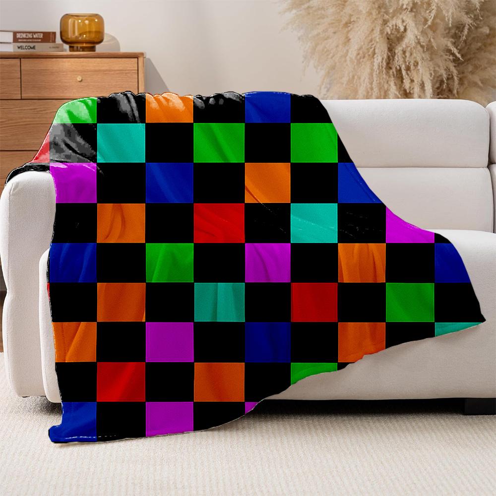 1pc Mondrian-Style Multicolor Geometric Block Print Plush Fleece Blanket - Soft Warm All-Season Bedspread with Iconic Black Whit