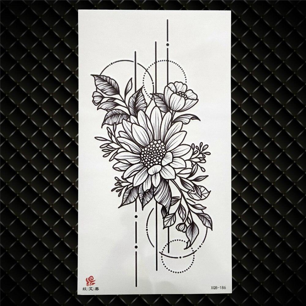 Временная татуировка с цветком ромашки для девушки, сексуальная, настоящая или ложная татуировка, наклейка, большой черный цветок пиона, водонепроницаемая татуировка