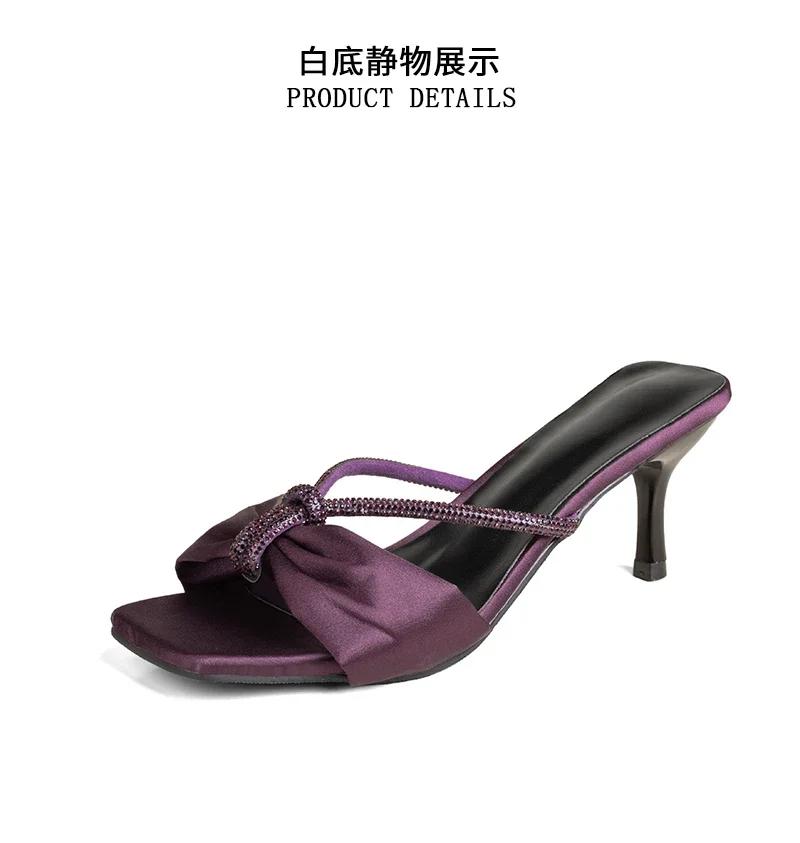 Женские тапочки на высоком каблуке с бантом и стразами, из сатина, обувь, женские, сексуальные, летние модели для платья, сандалии