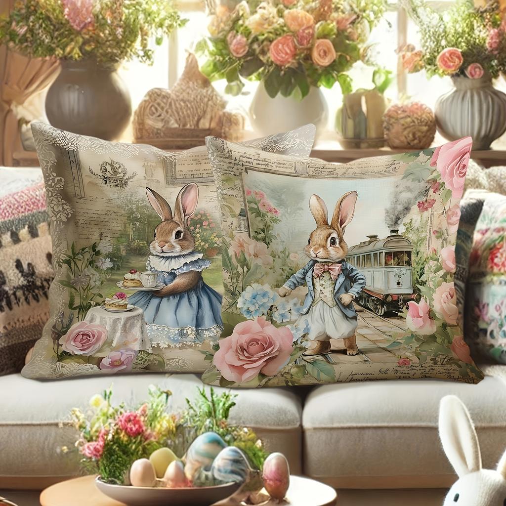 4 Pack Whimsical Bunny Pillowcases 45X45Cm Vintage Storybook Design Cushion Covers Pink Blue Floral For Living Room Gift