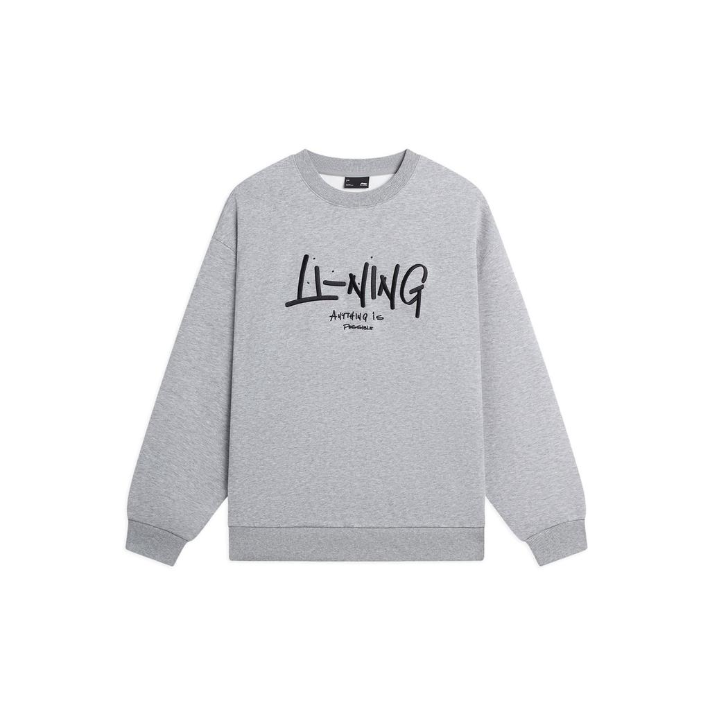 Li-Ning Sports Fashion Series Logo Letter Embellished Fleece-Lined Warm Long-Sleeve Sweatshirt Unisex Tops Floral-Grey AWDSF75-12