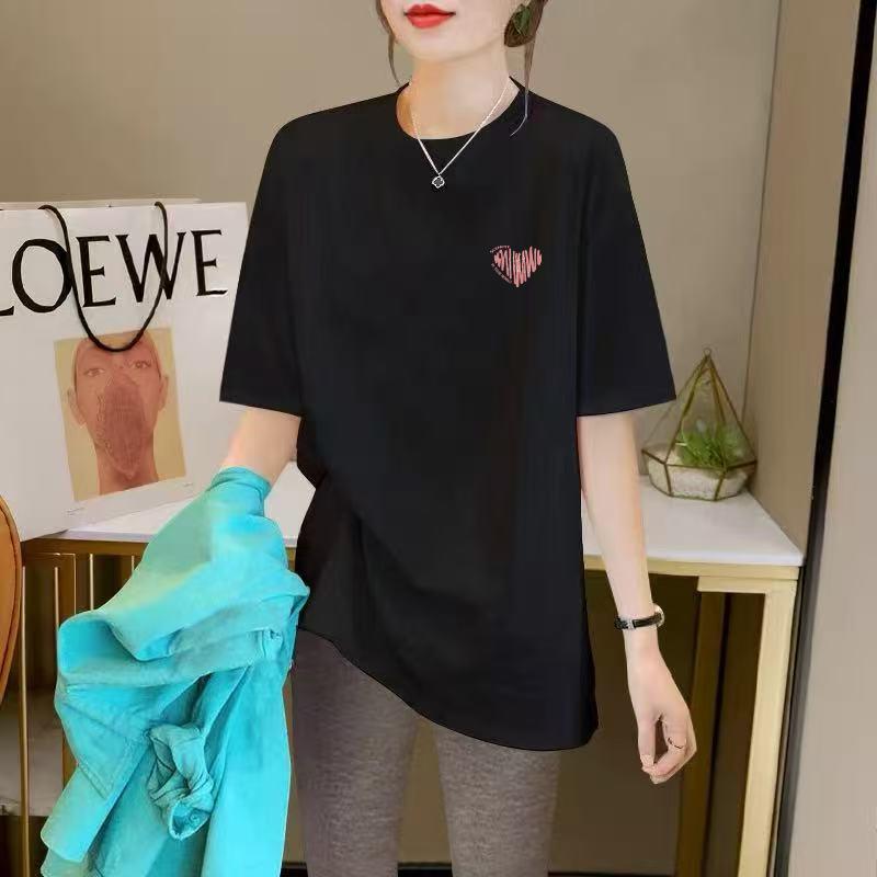 Хлопковая футболка с коротким рукавом Летняя Корейская версия Удобная посадка Повседневная Средней и большой длины Модная Универсальная С коротким рукавом Большого размера Топ