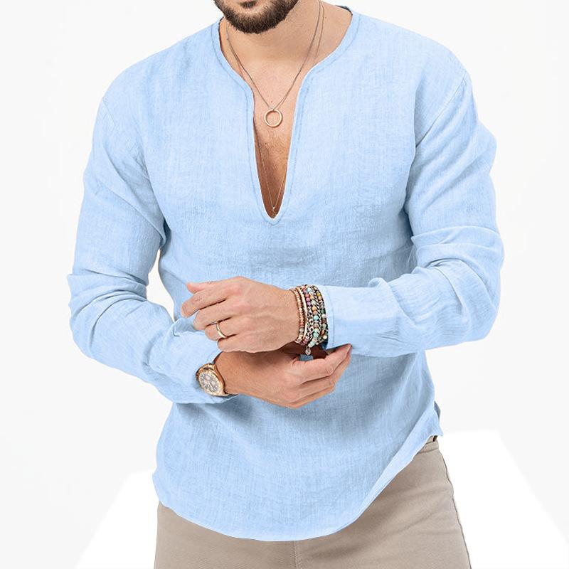 Мужская хлопково-льняная рубашка большого размера на весну и лето, мужские однотонные топы с длинными рукавами и глубоким v-образным вырезом