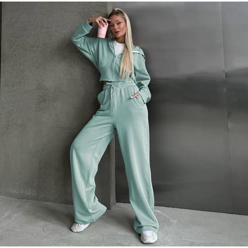 Casual Solid Color Hoodies Pants Set Women Long Sleeve Zipper Short Sweatshirt Slim Drawstring Trouser 2025 Spring Autumn New Lady Tracksuit