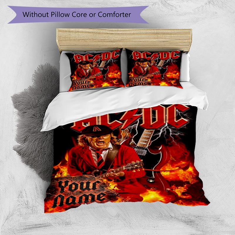 AC/DC Fire Custom Name Text Print 1Pc Bedding Set Duvet Cover With Two Pillowcases Soft Bed Linen For Household Bedroom