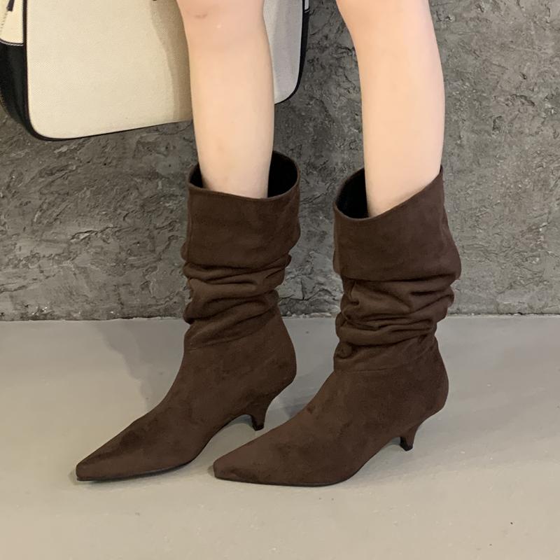 Eilyken Зимние женские сапоги до колена с острым носком, модные туфли на тонком низком каблуке, дизайнерские плиссированные ботильоны