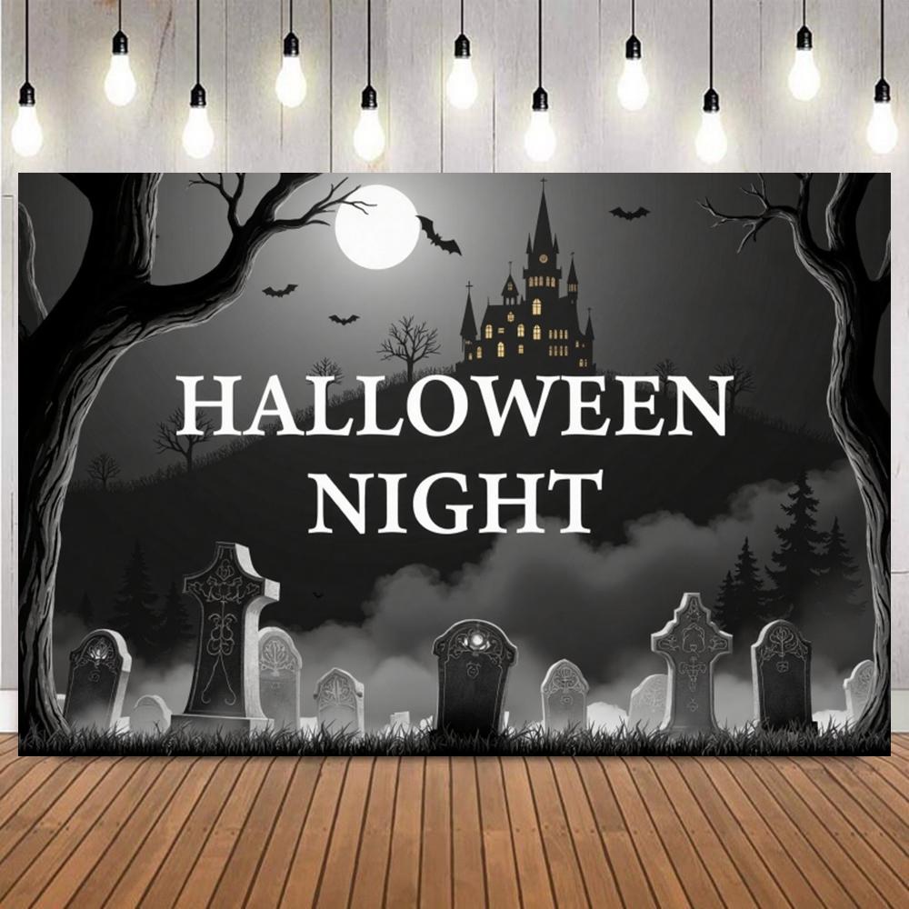 Background for Halloween Photography Full Moon Night Skull Bats Castle Fog Desolate Cemetery Themed Party Photo Backdrop Props3