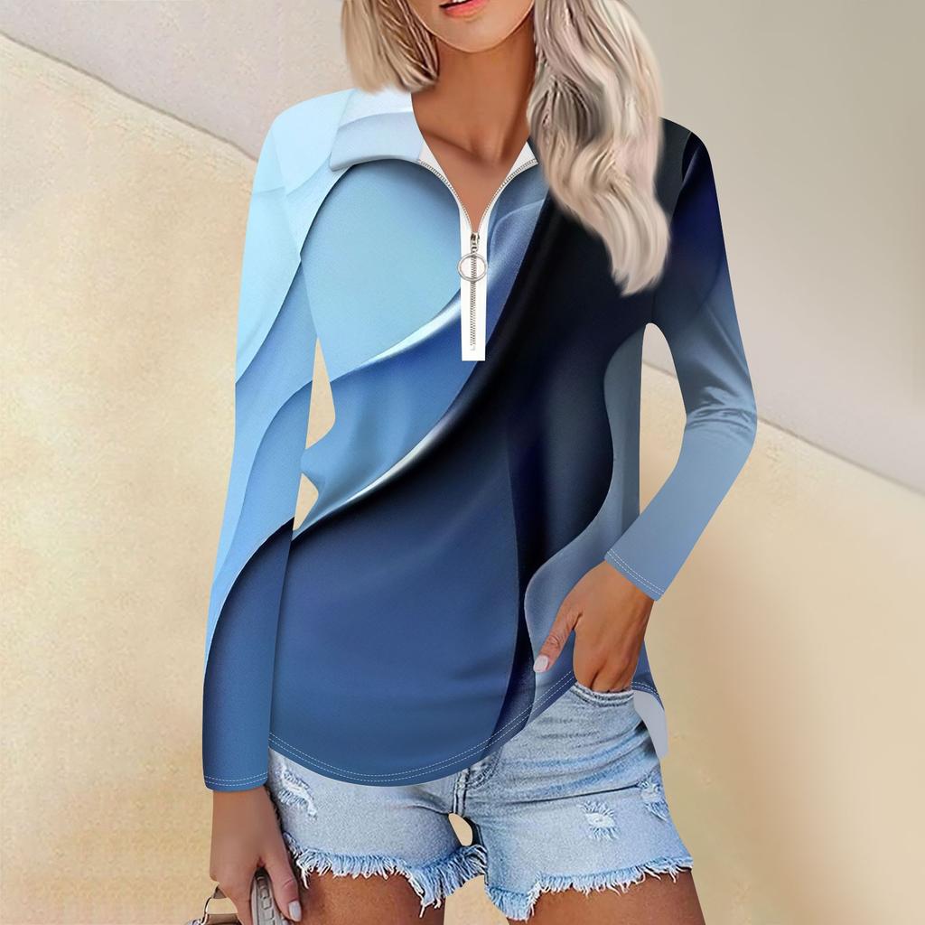 Женская весенняя и модная повседневная рубашка с принтом на молнии с V-образным вырезом и длинным рукавом