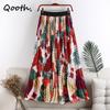 Women Chiffon Flower Printed Pleated Skirt Elegant Elastic Waist Fairy Long A-line Skirt For Spring Summer QT2137