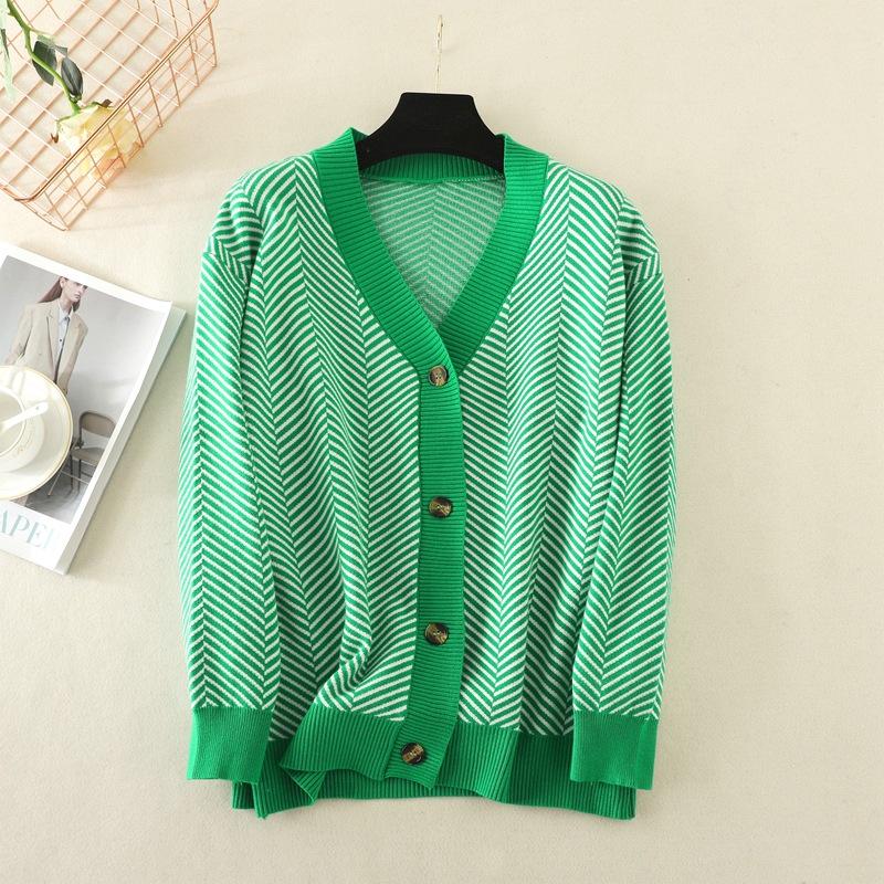 Autumn Women's Cardigan Sweater Women V-Neck Color Collision Loose Striped Sweater Jacket Long Sleeve Top