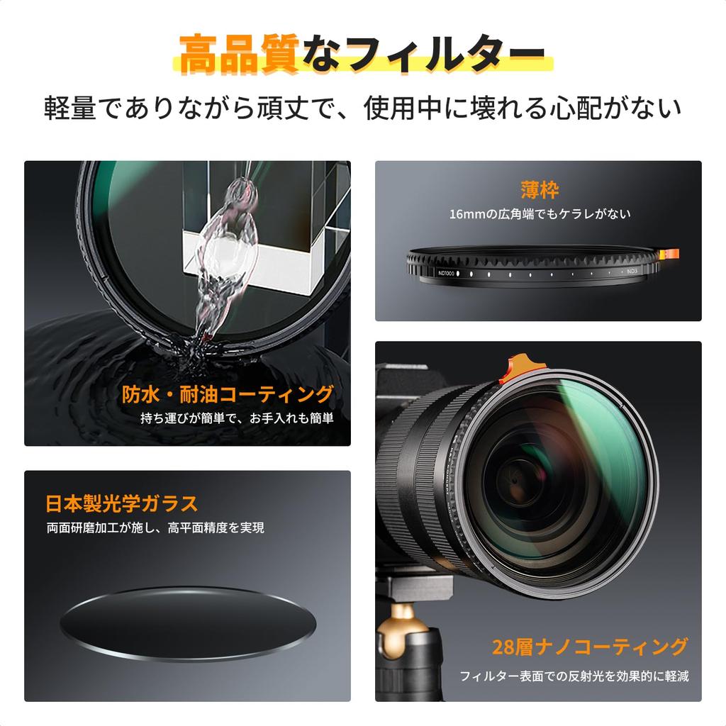 Concept 55mm Variable ND Filter Japanese AGC Optical Glass HD Super Resolution Low Reflectance Stepless Adjustment 28 Layer Nano Coating Water Stain