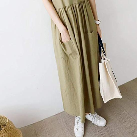 Платье-ками на бретелях из смесового льна, юбка-сарафан, для беременных, свободного кроя, большого размера, длинное, весна-лето, БЕСПЛАТНО [byDream] Женское (хаки)