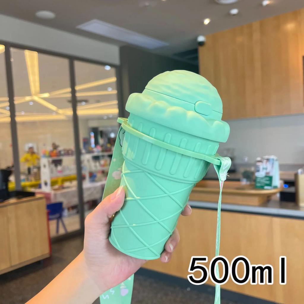 500ML Ice Cream Shape Drinking Water Bottle Drinking Straws Plastic for Adult Kids Cute Water Cup with Straw Rope Drinking Jug
